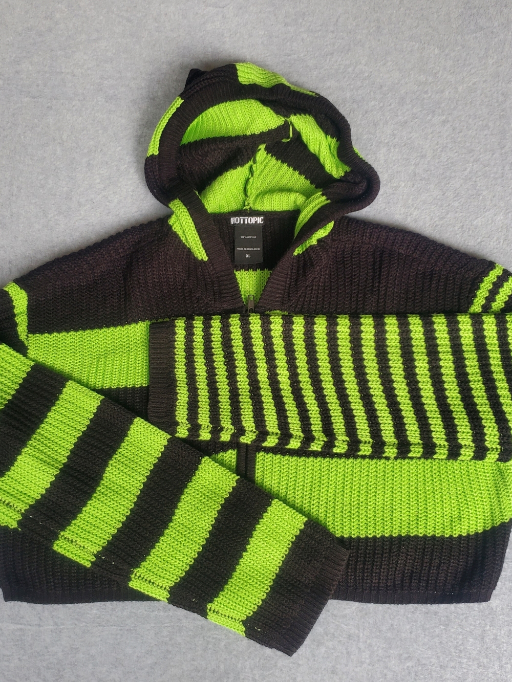 Hot Topic Womens Neon Green and Black Striped Zip-Up Hoodie Sweater